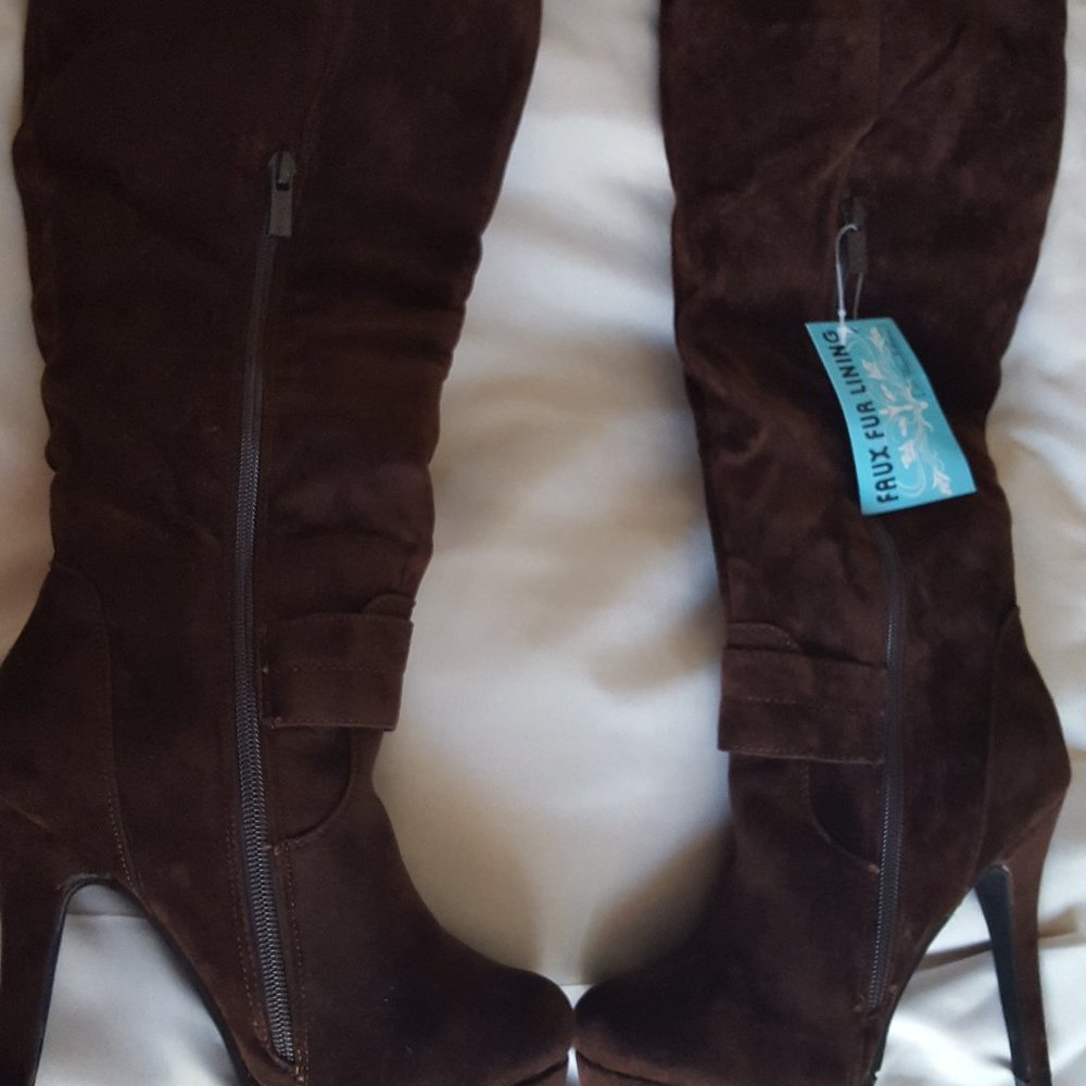 Brown Suede High Heel Platform Boots